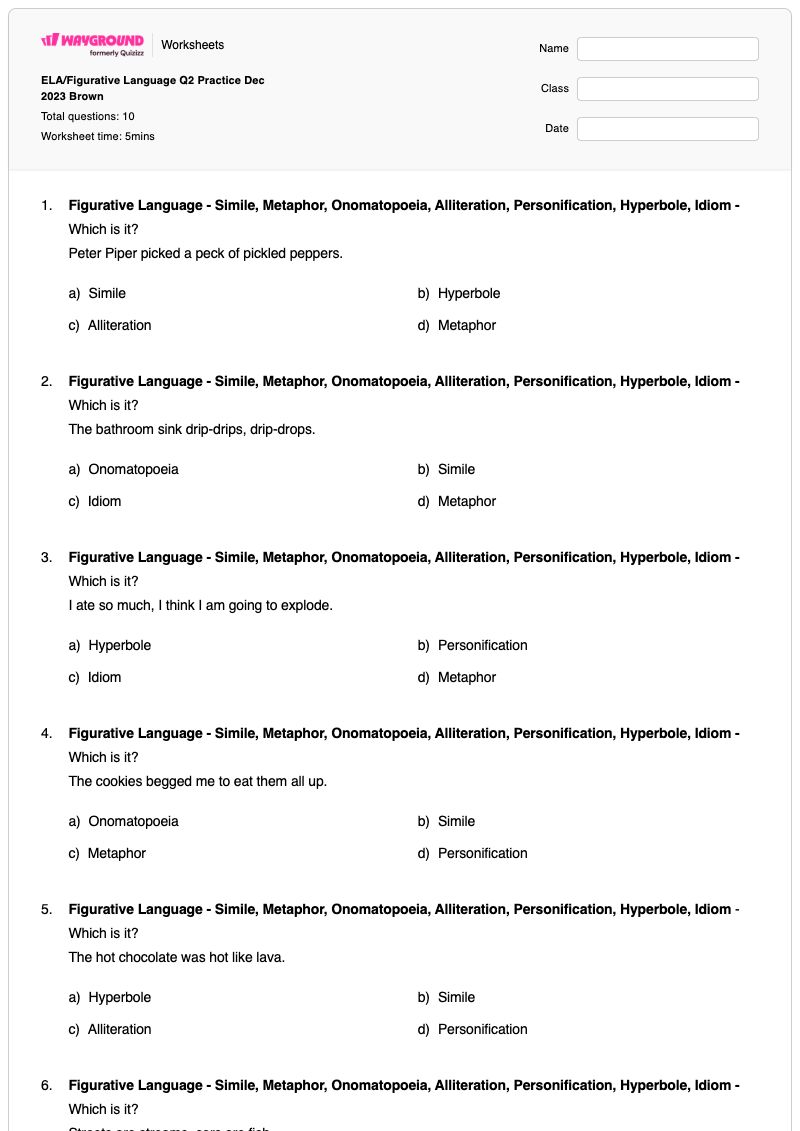 ELA/Figurative Language Q2  Practice Dec 2023 Brown - พิมพ์ได้ ภาษาเปรียบเทียบ เวิร์กชีท - Wayground