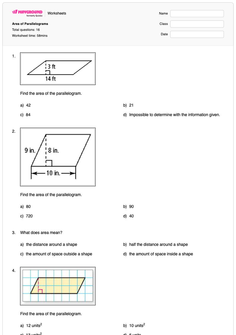 Area of Parallelograms - พิมพ์ได้ Finding-missing-sides เวิร์กชีท ระดับ 6 - Wayground