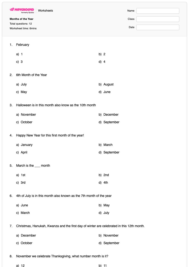 Months of the Year - Printable Months-of-the-year Worksheets - Wayground