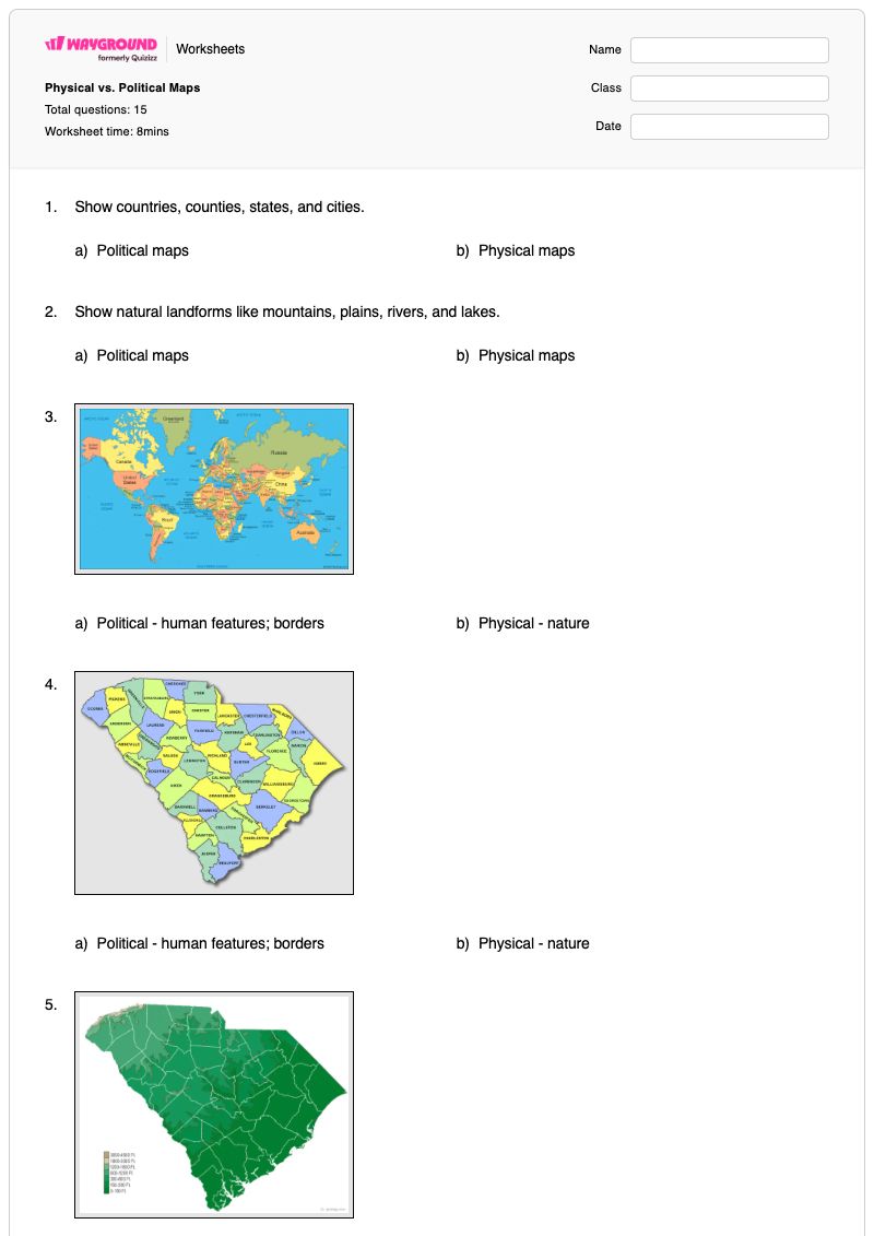 Physical vs. Political Maps - พิมพ์ได้ Political-maps เวิร์กชีท - Wayground