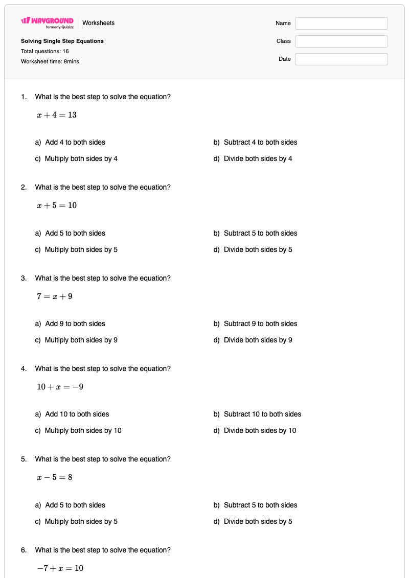 Solving Single Step Equations - พิมพ์ได้ สมการหลายขั้นตอน เวิร์กชีท - Wayground