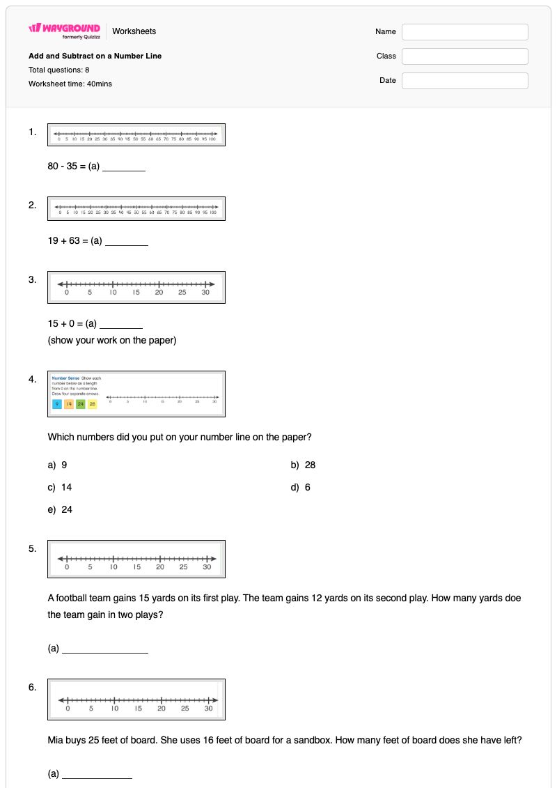 Add and Subtract on a Number Line - พิมพ์ได้ Plotting-on-a-number-line เวิร์กชีท ระดับ 2 - Wayground