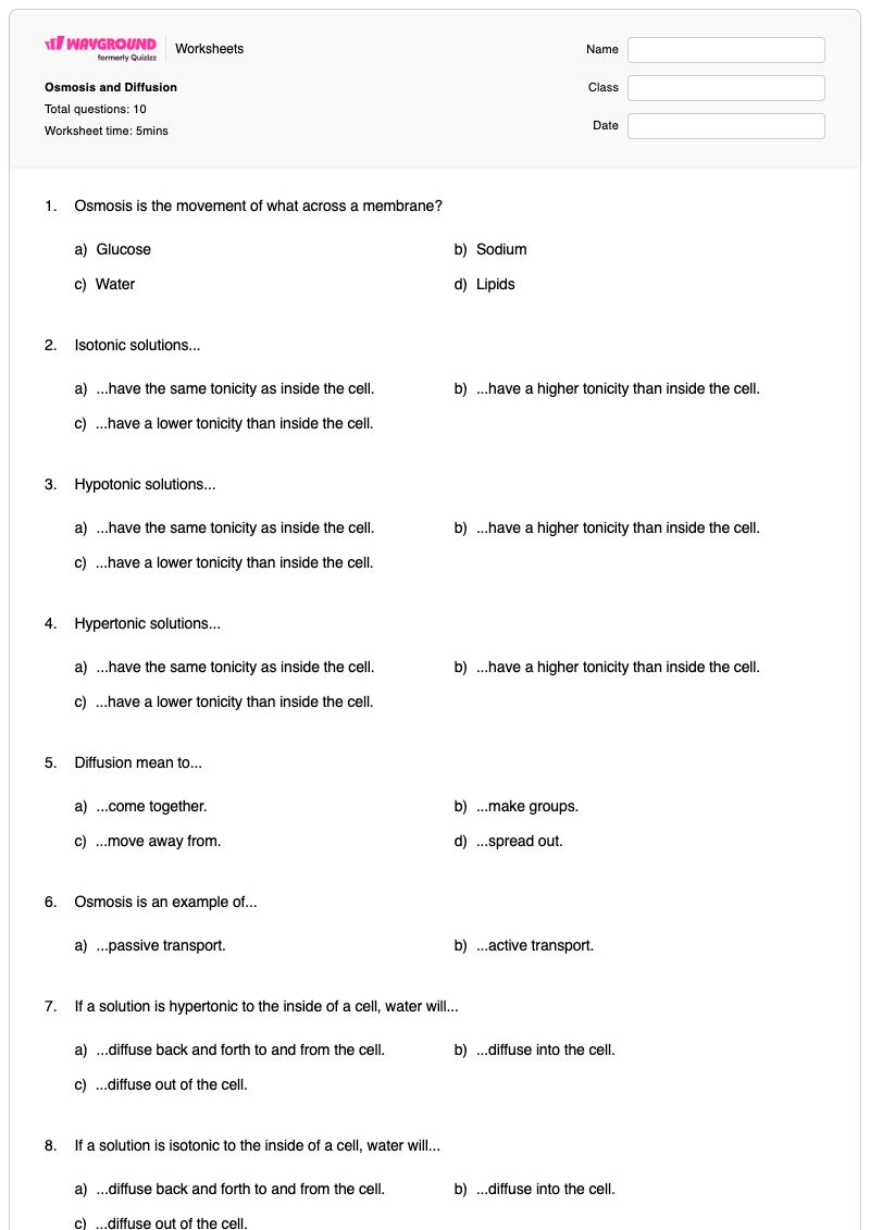 Osmosis and Diffusion - Printable The-cell-membrane Worksheets - Wayground