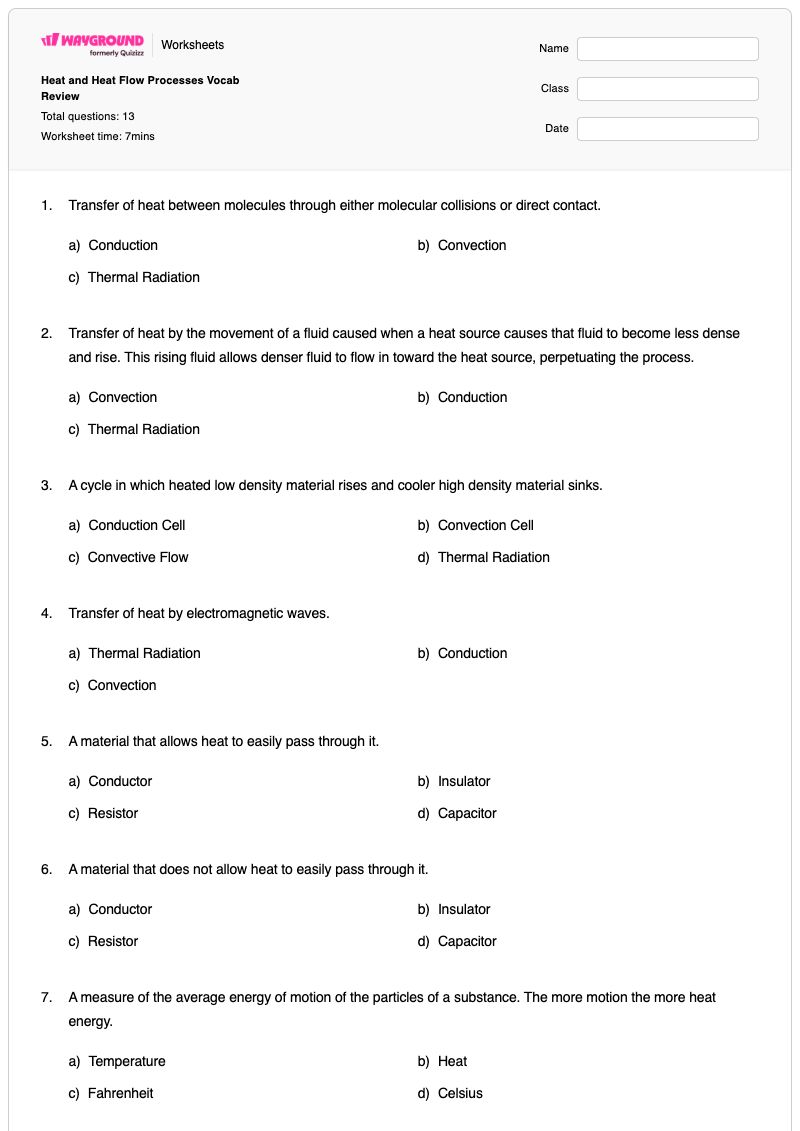 Heat and Heat Flow Processes Vocab Review - พิมพ์ได้ การไหลของความร้อน เวิร์กชีท ระดับ 9 - Wayground