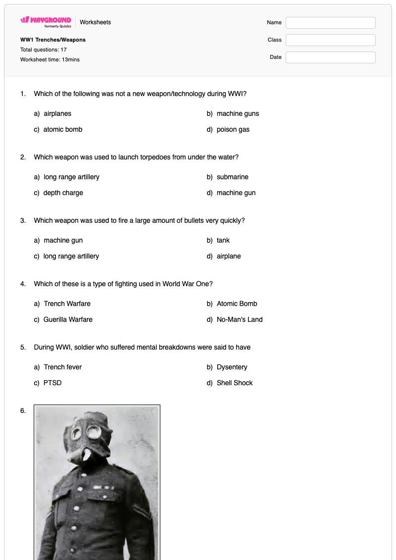 WW1 Trenches/Weapons - Printable Suicide-prevention Worksheets Grade 8 - Wayground