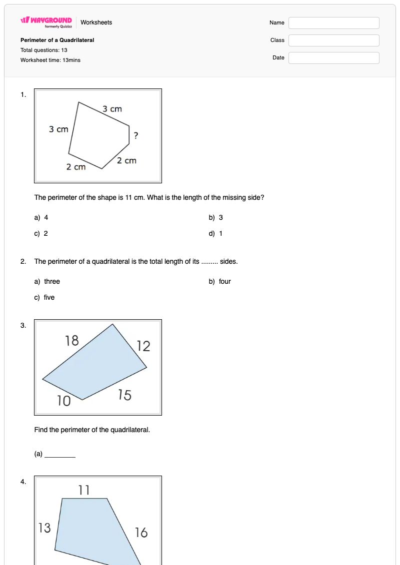 Perimeter of a Quadrilateral - Printable Perimeter Worksheets - Wayground