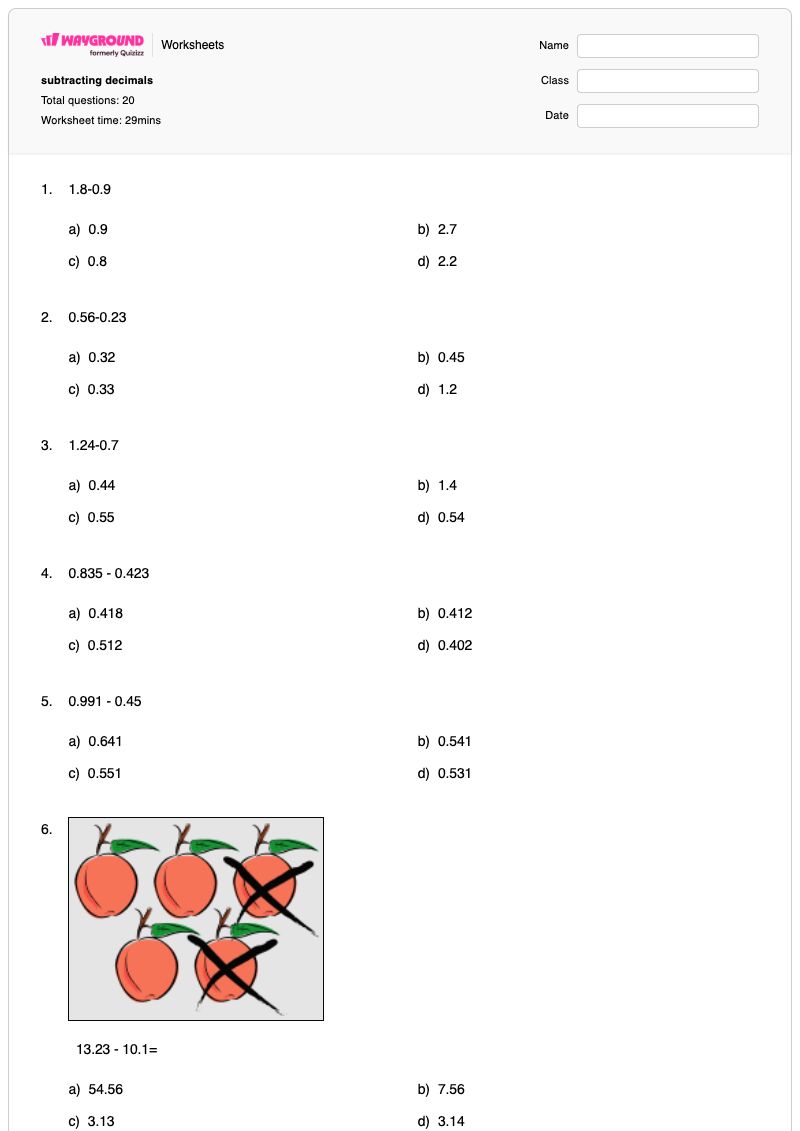 subtracting decimals - Printable Subtraction Worksheets - Wayground