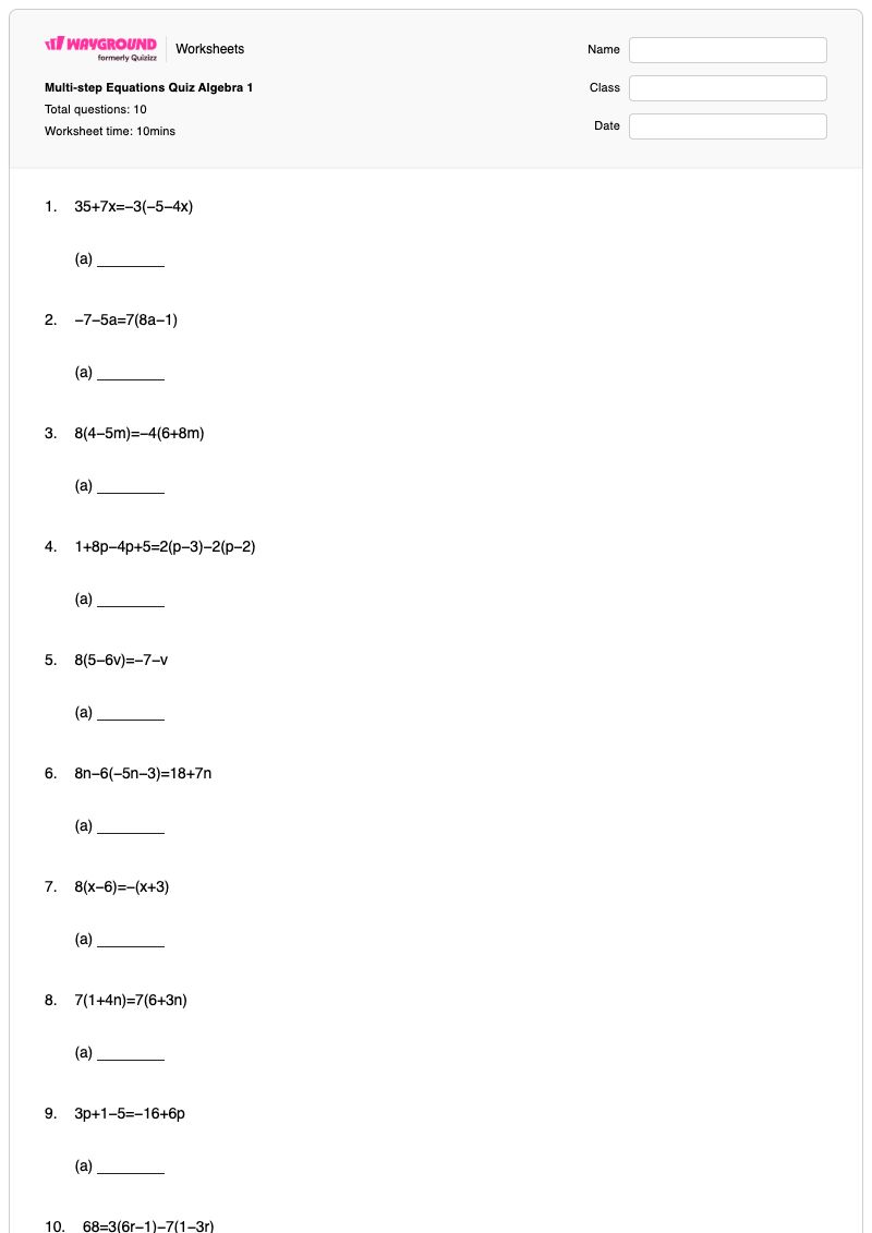 Multi-step Equations Quiz Algebra 1 - พิมพ์ได้ สมการหลายขั้นตอน เวิร์กชีท - Wayground