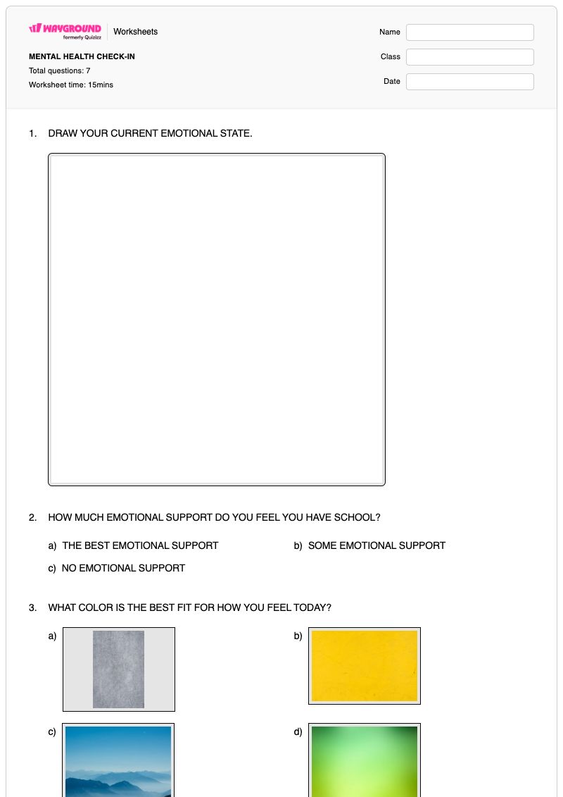 MENTAL HEALTH CHECK-IN - Printable Mental-health Worksheets Class 9 - Wayground
