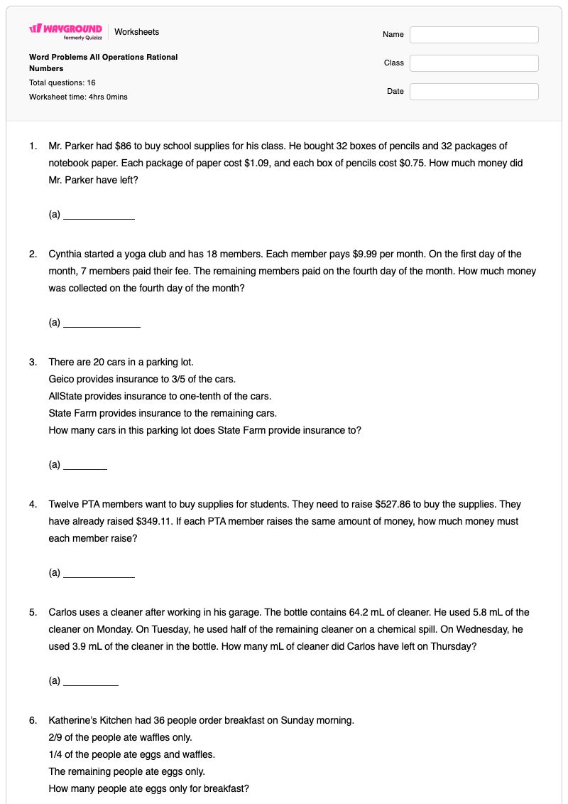 Word Problems All Operations Rational Numbers - พิมพ์ได้ คำศัพท์เกี่ยวกับตัวเลข เวิร์กชีท - Wayground