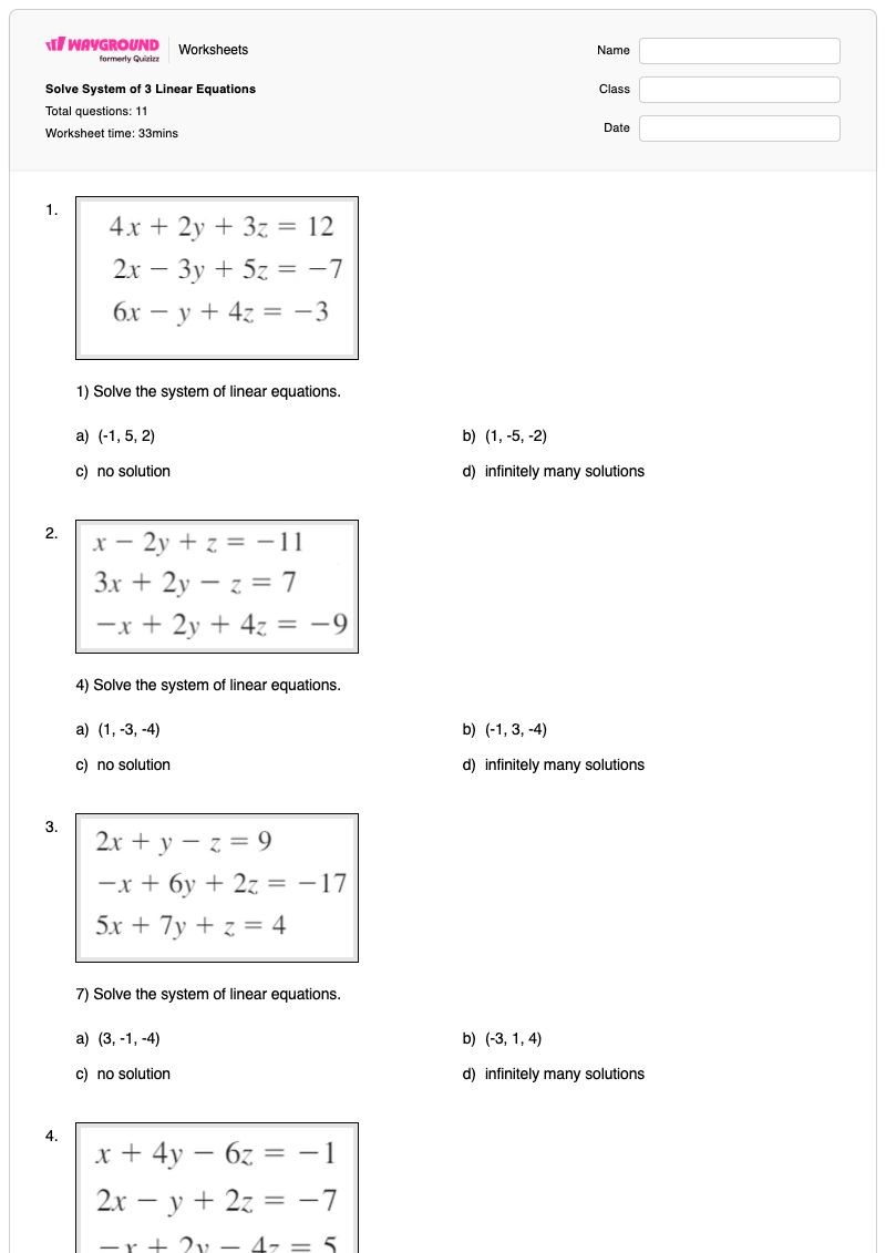 Solve System of 3 Linear Equations - Printable Systems-of-equations Worksheets - Wayground