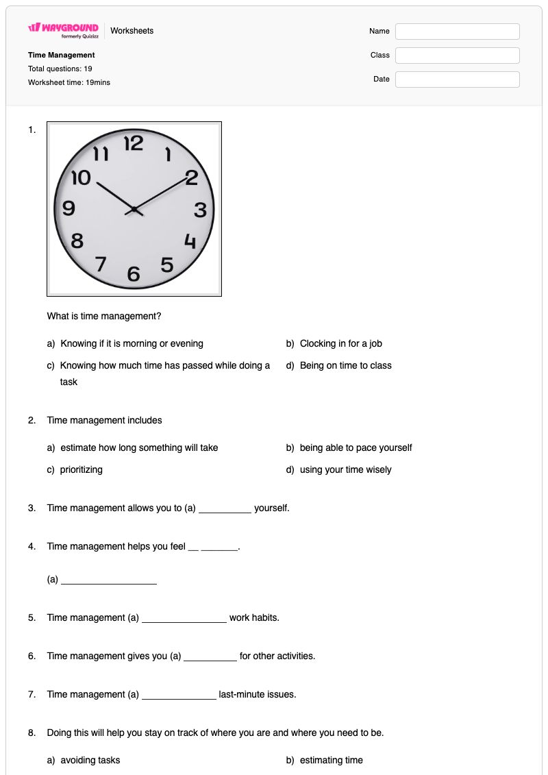 Time Management - Printable Anxiety-management Worksheets Class 6 - Wayground
