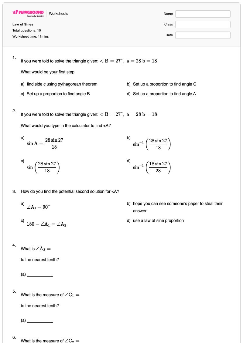 Law of Sines - Printable Sine-law-ambiguous-case Worksheets - Wayground