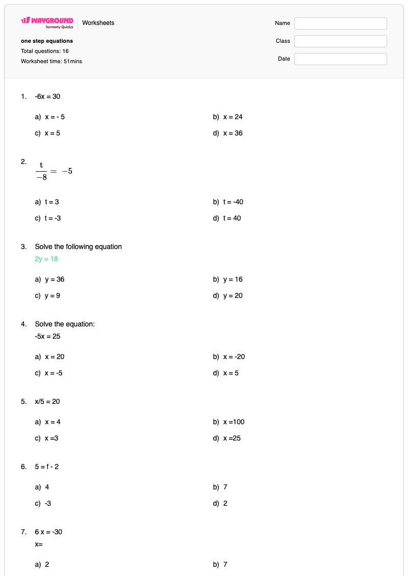 one step equations - พิมพ์ได้ สมการขั้นตอนเดียว เวิร์กชีท ระดับ 8 - Wayground