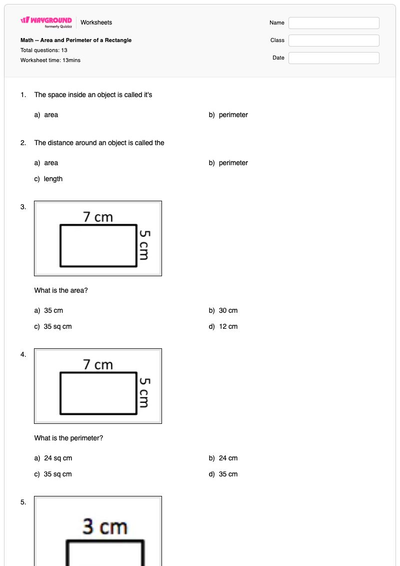 Math -- Area and Perimeter of a Rectangle - Printable Perimeter-of-a-rectangle Worksheets Class 3 - Wayground
