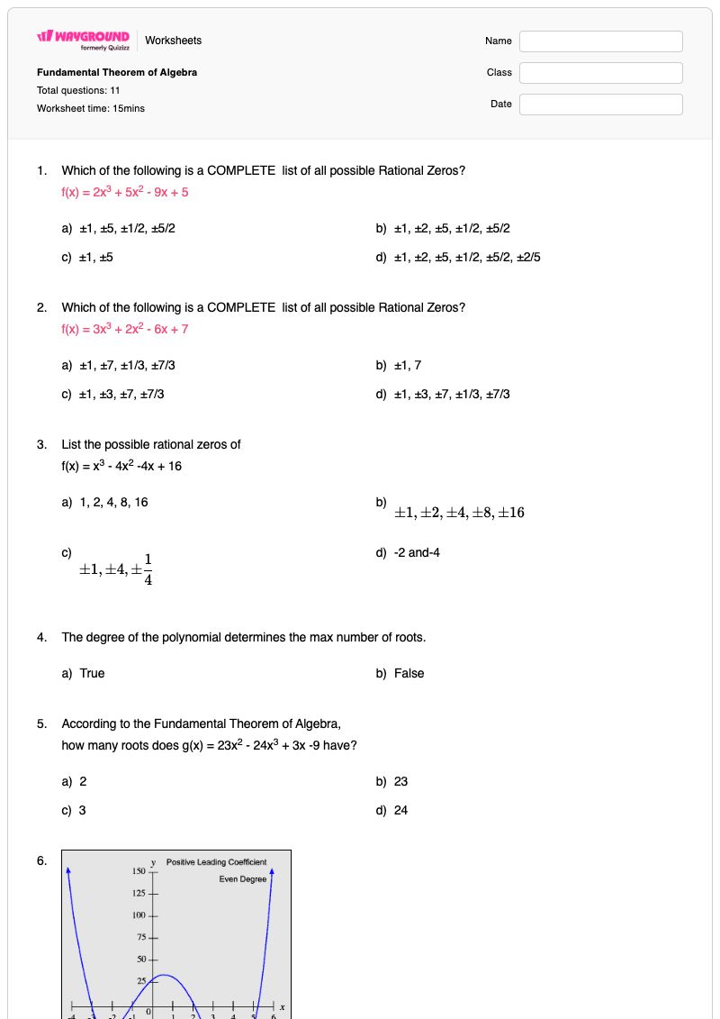 Fundamental Theorem of Algebra - Printable Algebra Worksheets - Wayground