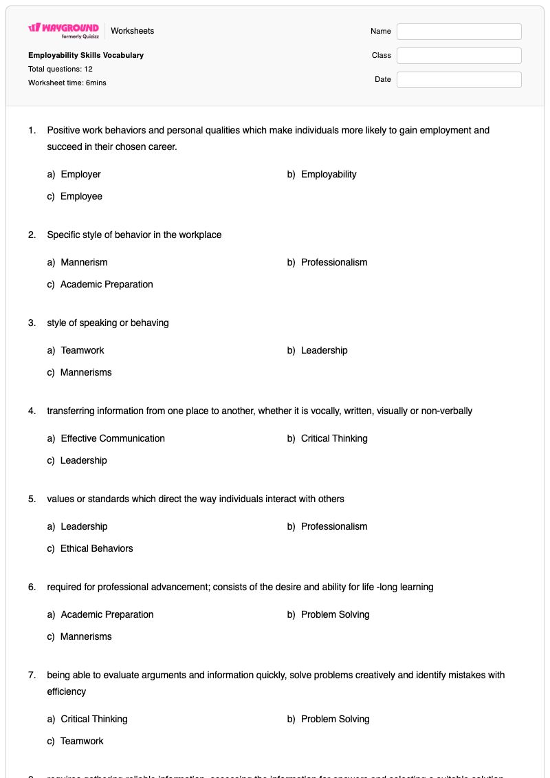 Employability Skills Vocabulary - Printable Science Worksheets - Wayground