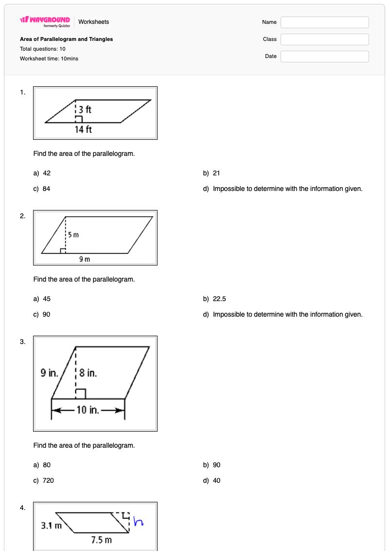 Area of Parallelogram and Triangles - Printable Area-of-a-parallelogram Worksheets - Wayground