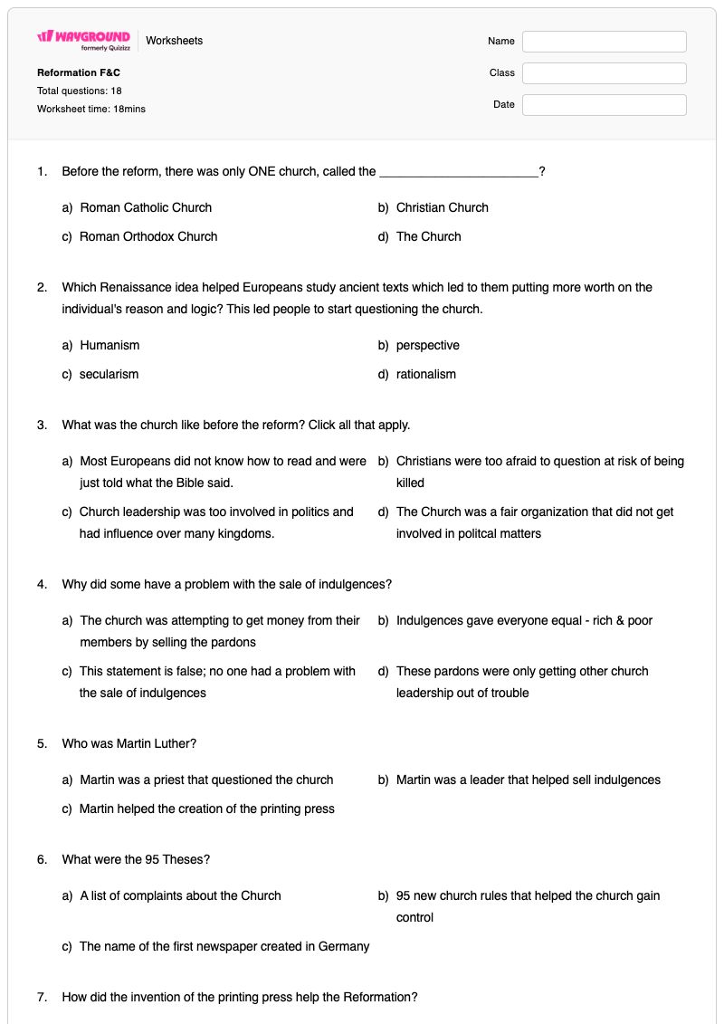 Reformation F&C - Printable Creation-stories Worksheets Year 6 - Wayground