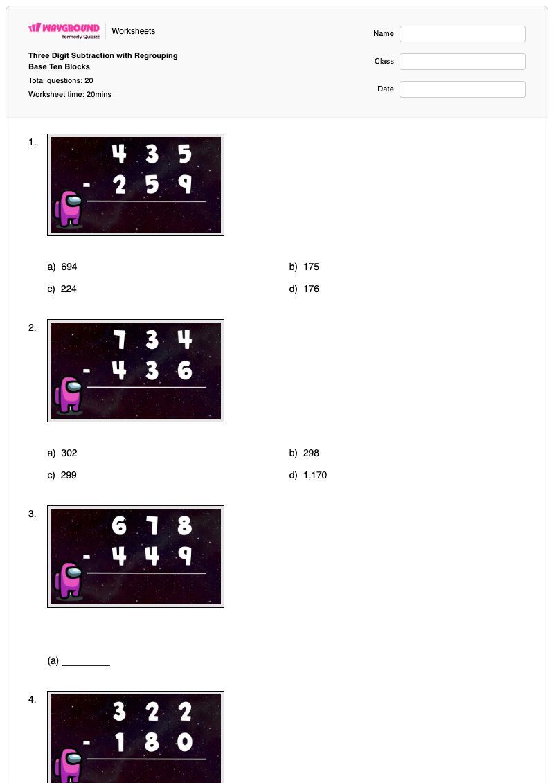 Three Digit Subtraction with Regrouping Base Ten Blocks - Printable Three-digit-subtraction-with-regrouping Worksheets Class 3 - Wayground