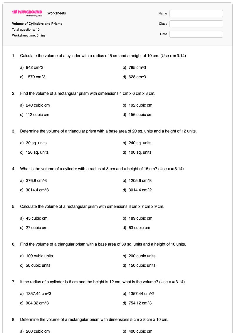 Volume of Cylinders and Prisms - พิมพ์ได้ ปริมาตรของกระบอกสูบ เวิร์กชีท - Wayground