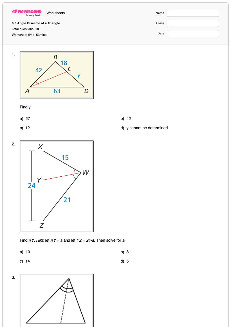 8.3 Angle Bisector of a Triangle - พิมพ์ได้ Angle-bisector เวิร์กชีท - Wayground