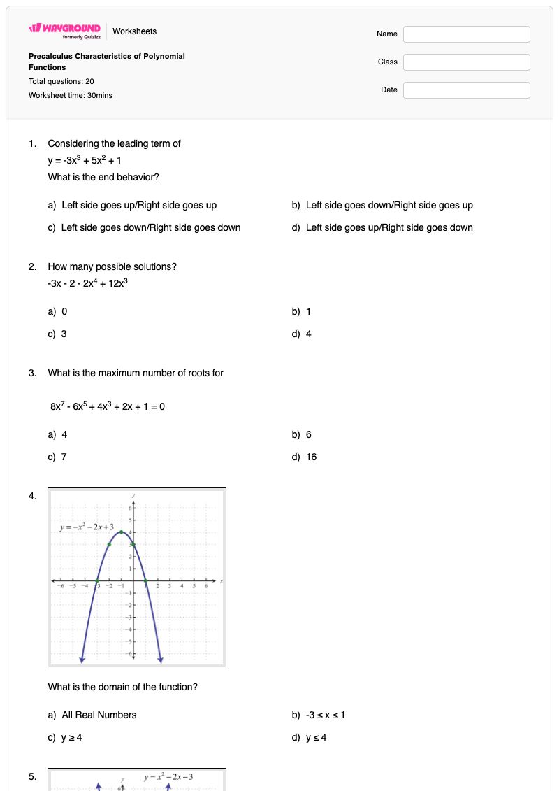 Precalculus Characteristics of Polynomial Functions - พิมพ์ได้ Function-characteristics เวิร์กชีท - Wayground