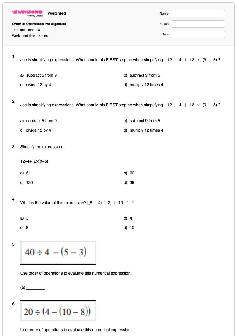 Order of Operations Pre Algebraic - Nadający się do druku Prealgebra Karty-pracy - Wayground