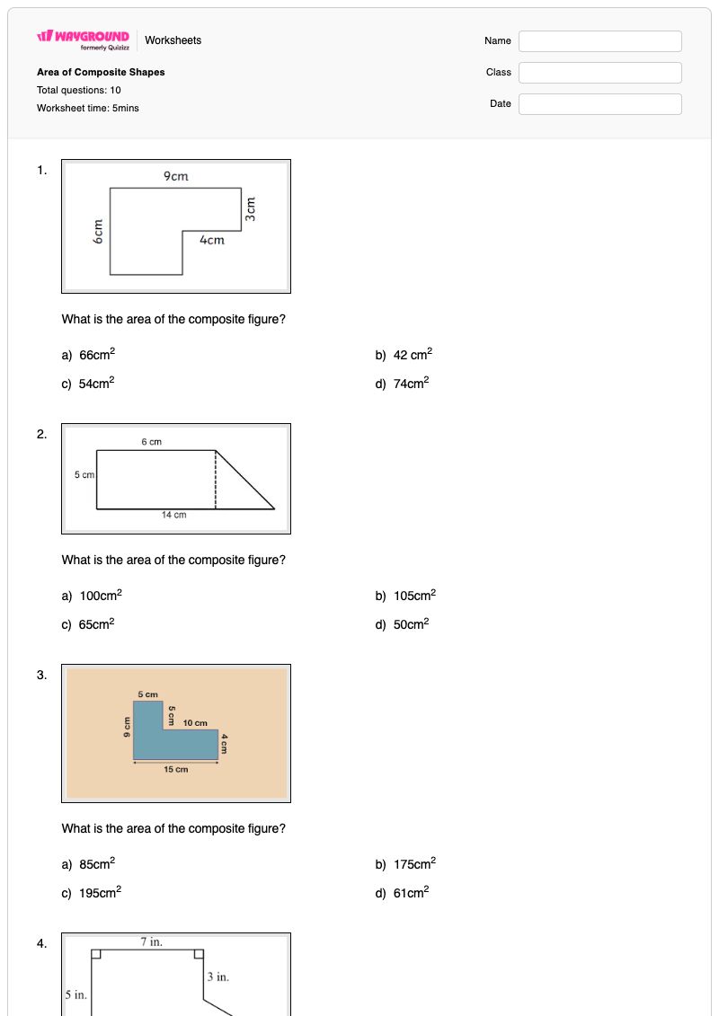 Area of Composite Shapes - Printable Area-of-composite-shapes Worksheets Class 6 - Wayground