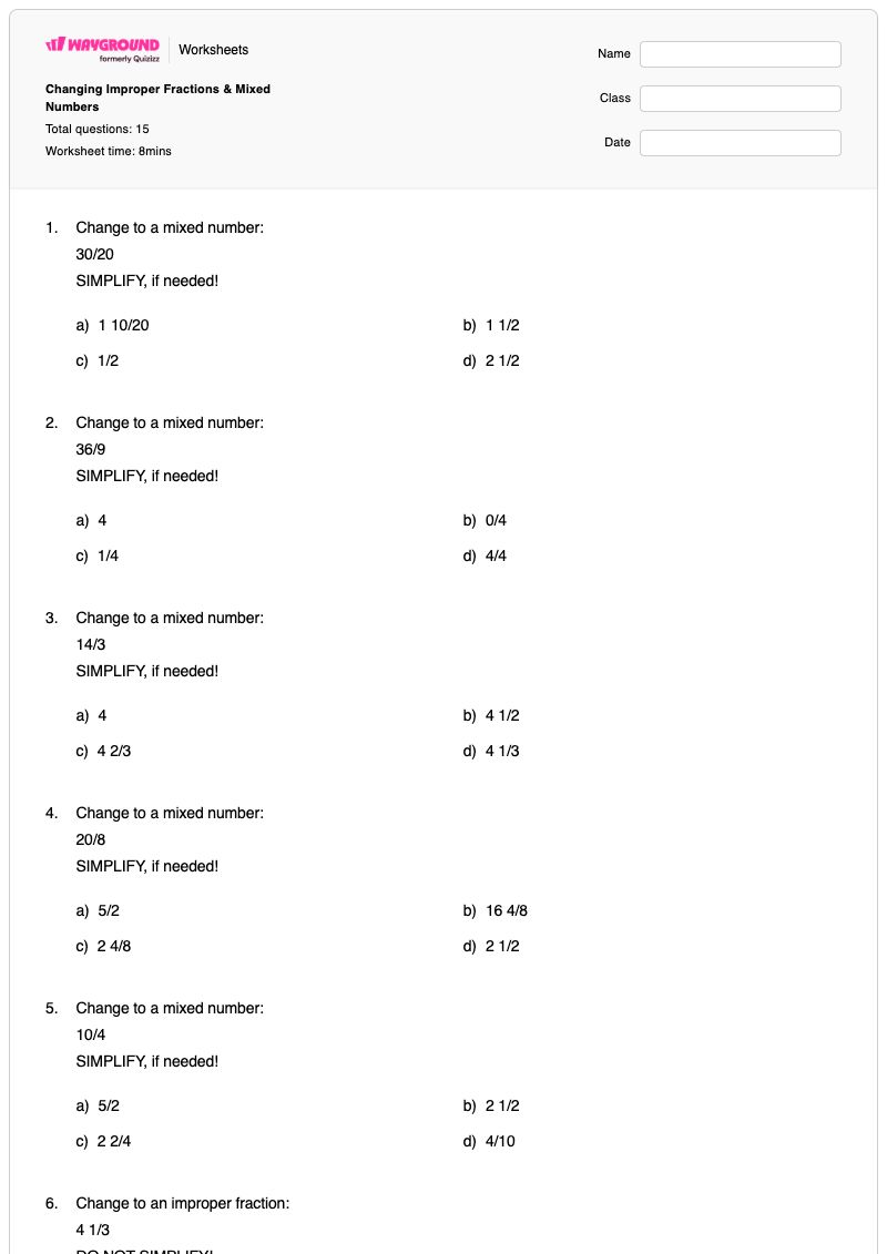 Changing Improper Fractions & Mixed Numbers - พิมพ์ได้ จำนวนคละและเศษส่วนเกิน เวิร์กชีท - Wayground