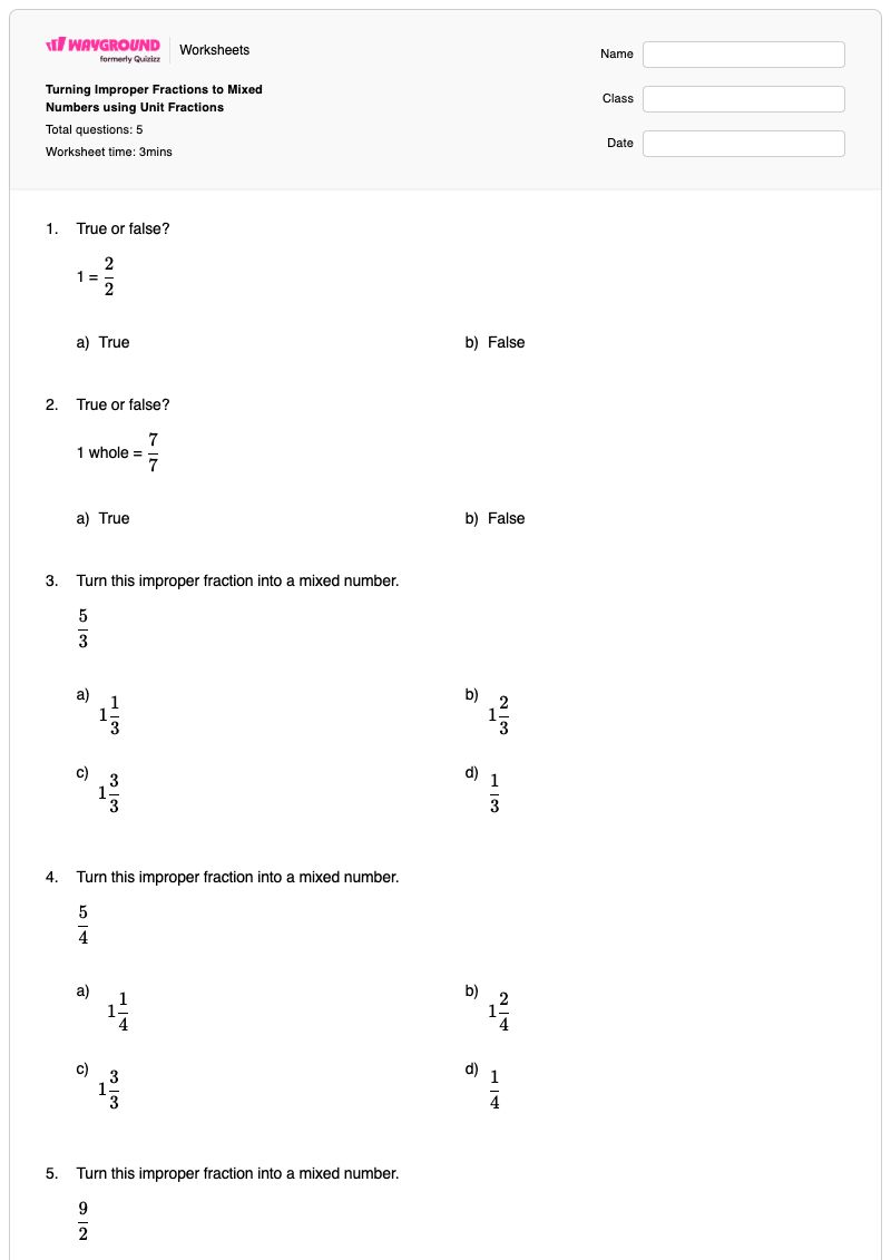 Turning Improper Fractions to Mixed Numbers using Unit Fractions - พิมพ์ได้ จำนวนคละและเศษส่วนเกิน เวิร์กชีท - Wayground