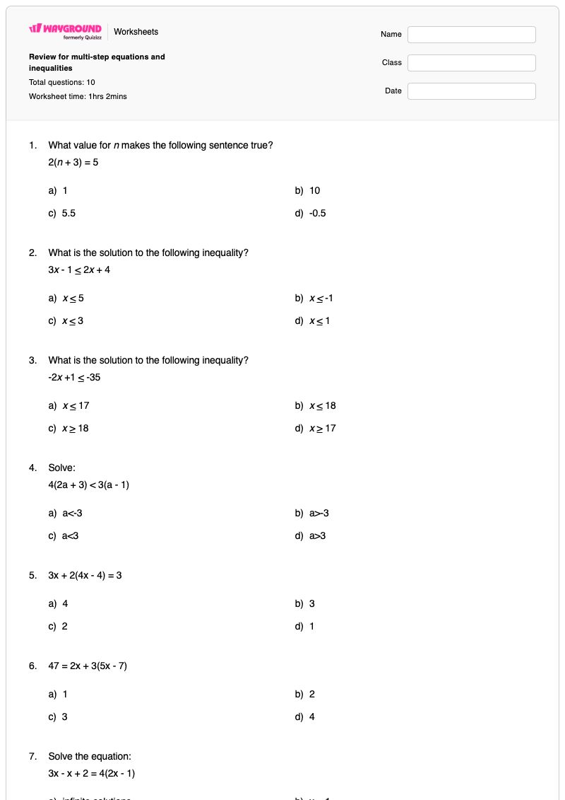 Review for multi-step equations and inequalities - พิมพ์ได้ สมการหลายขั้นตอน เวิร์กชีท - Wayground