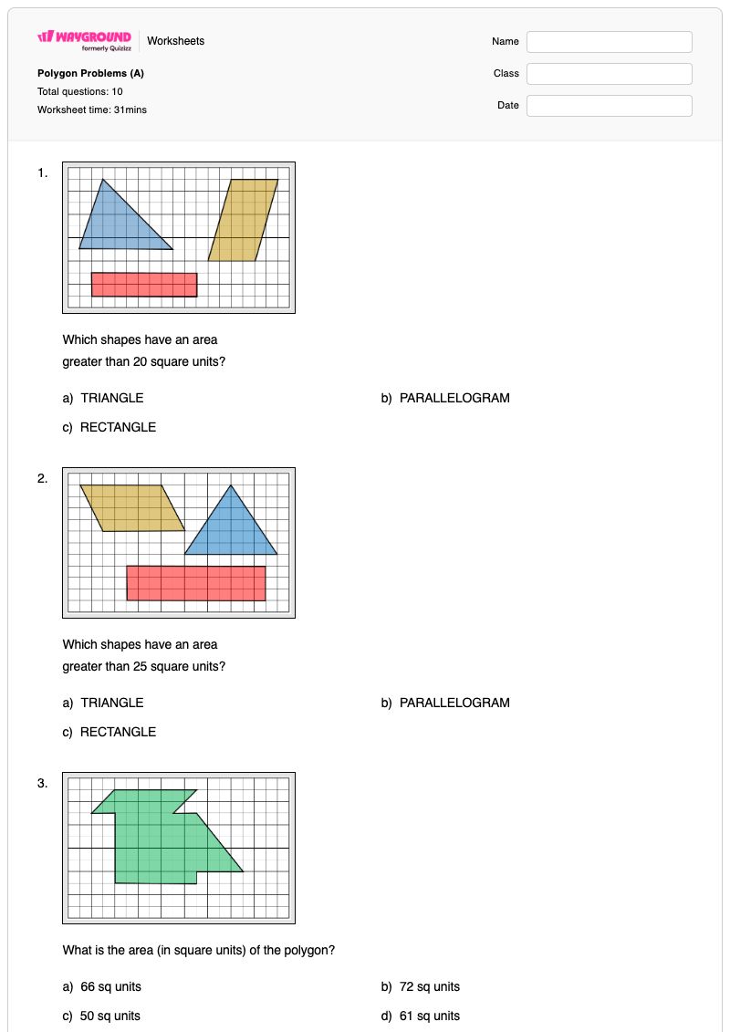 Polygon Problems (A) - Printable Area-of-rectangles-and-parallelograms Worksheets Year 6 - Wayground