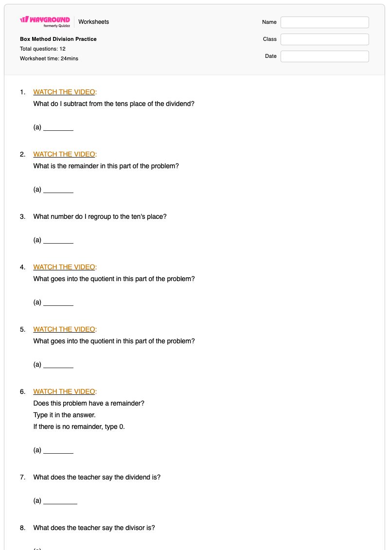 Box Method Division Practice - Printable Division Worksheets - Wayground
