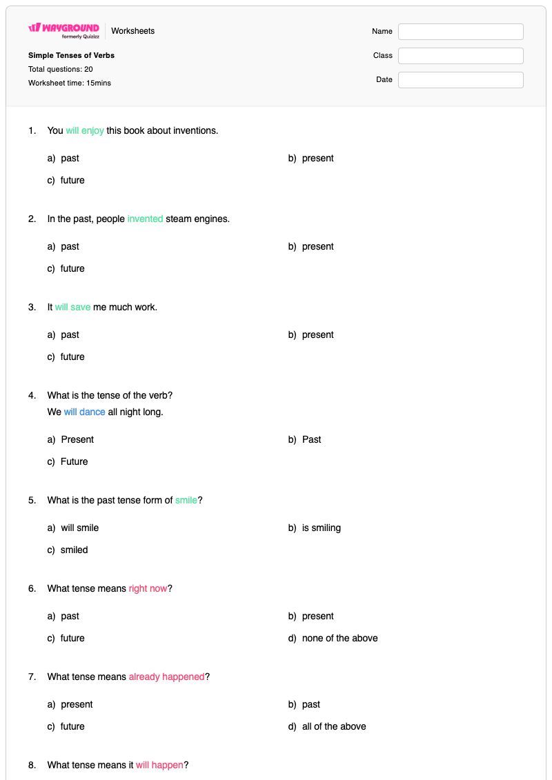 Simple Tenses of Verbs - พิมพ์ได้ Verb-tenses เวิร์กชีท - Wayground