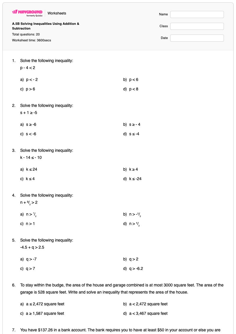 A.5B Solving Inequalities Using Addition & Subtraction - พิมพ์ได้ การแก้สมการอสมการ เวิร์กชีท - Wayground