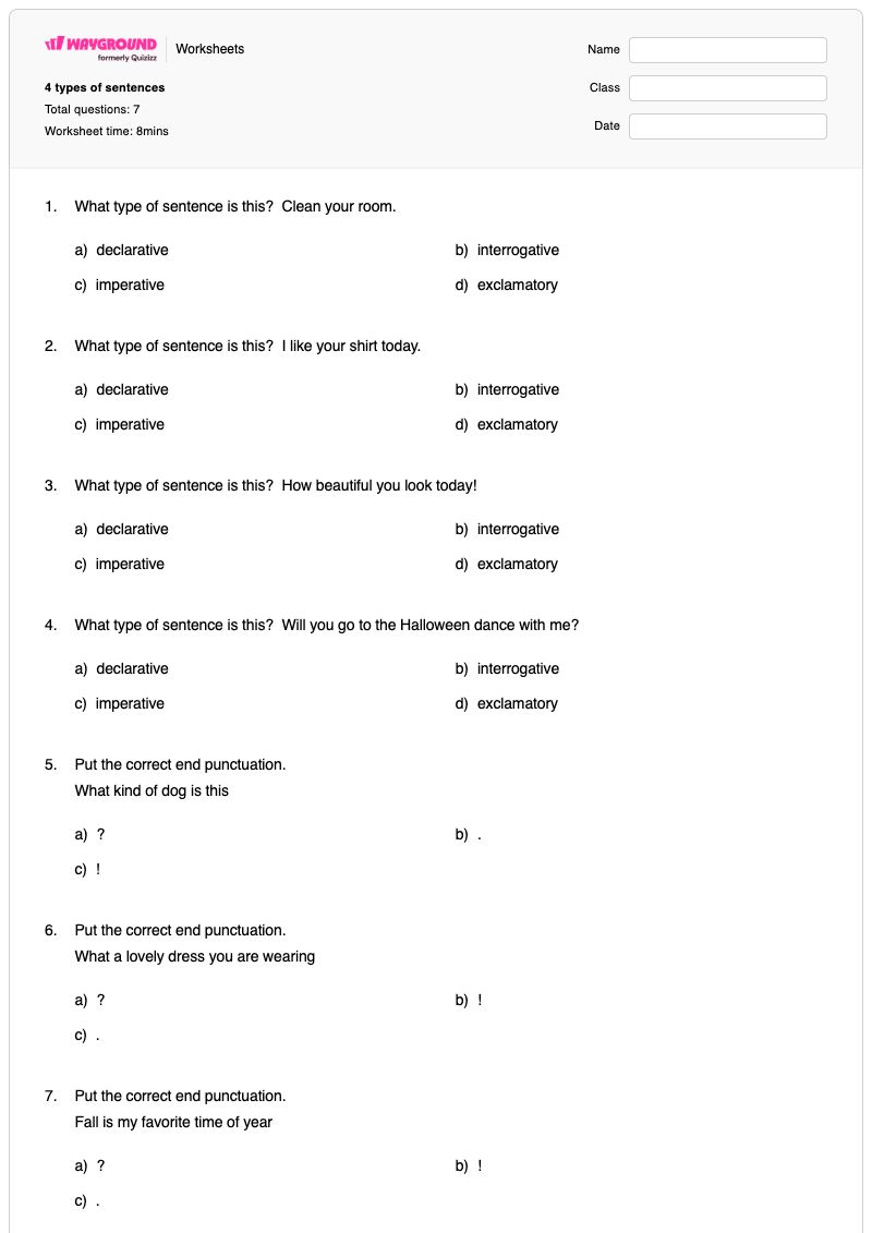 4 types of sentences - พิมพ์ได้ ประเภทของประโยค เวิร์กชีท ระดับ 6 - Wayground