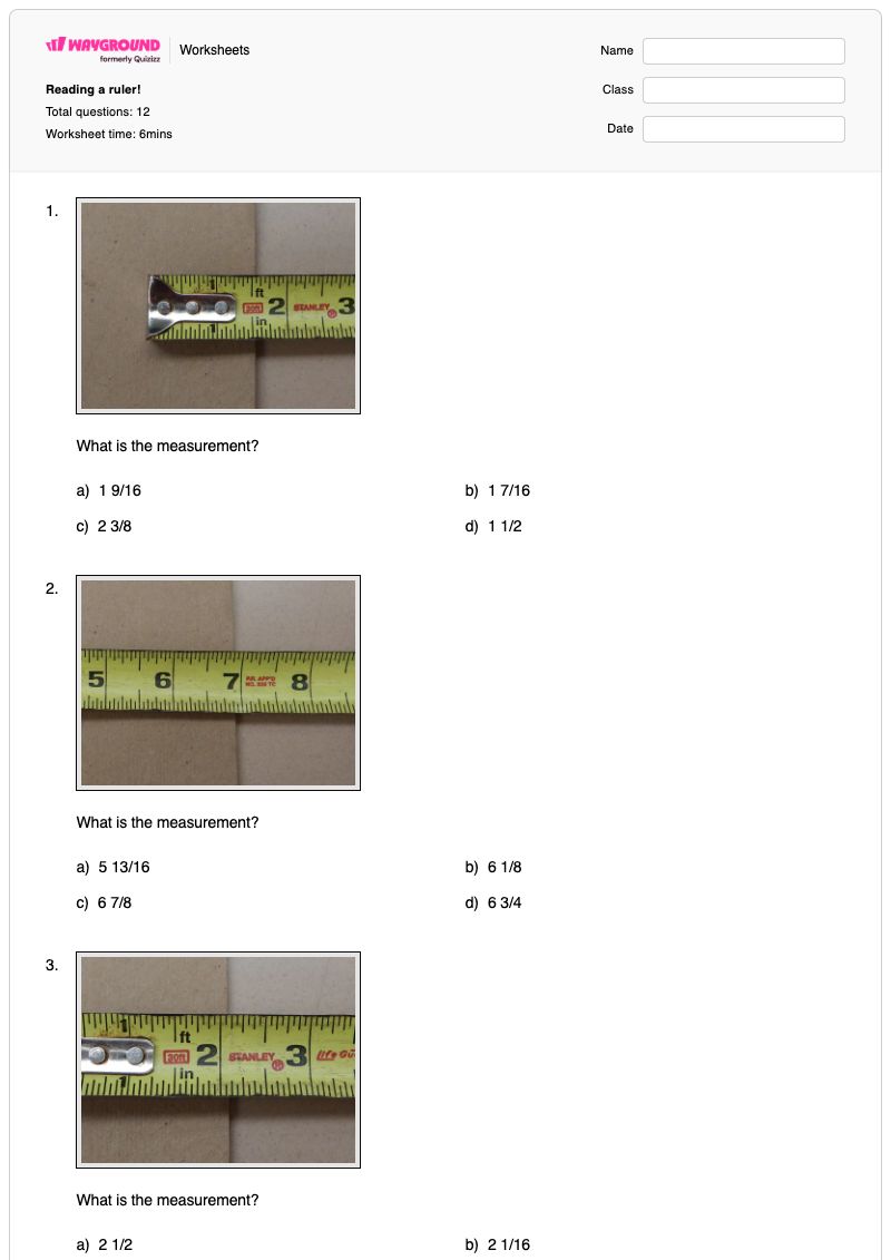 Reading a ruler! - พิมพ์ได้ การใช้ไม้บรรทัด เวิร์กชีท - Wayground