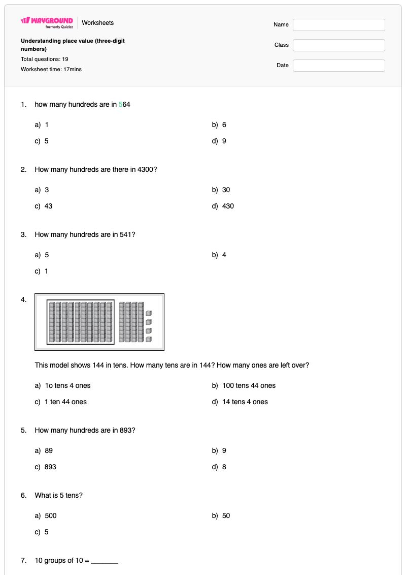 Understanding place value (three-digit numbers) - พิมพ์ได้ ตัวเลขสามหลัก เวิร์กชีท ระดับ 2 - Wayground
