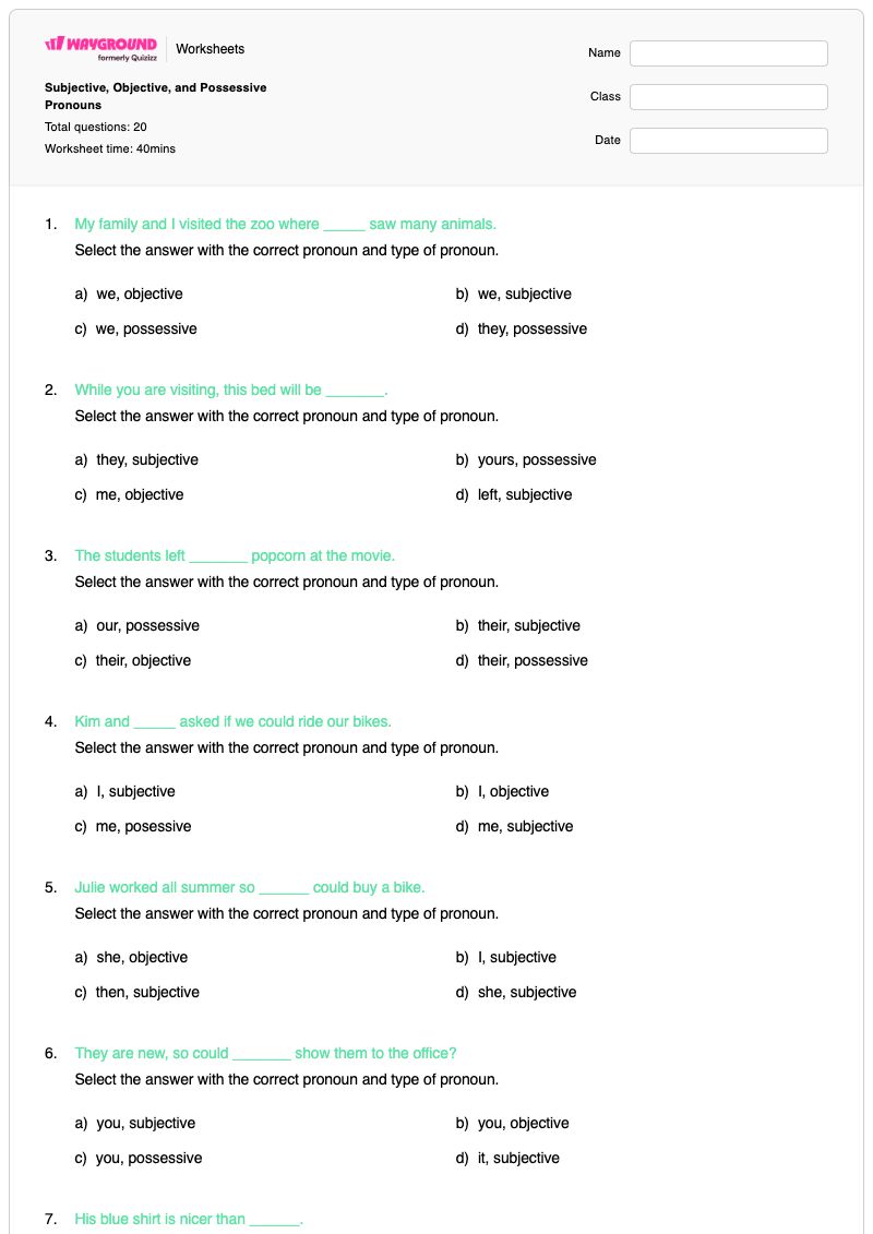 Subjective, Objective, and Possessive Pronouns - Printable Possessive-pronouns Worksheets - Wayground
