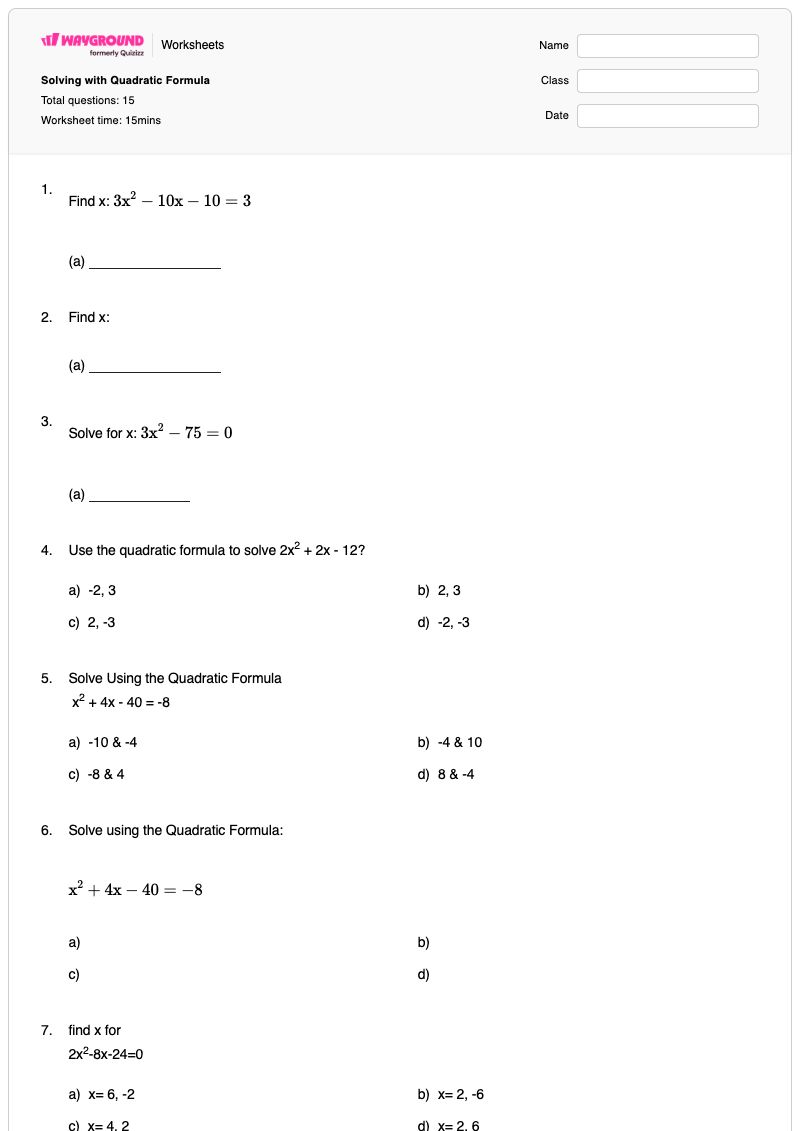 Solving with Quadratic Formula - Printable Quadratic Worksheets - Wayground