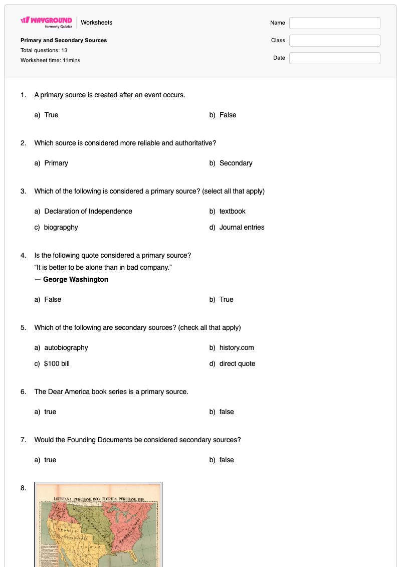 Primary and Secondary Sources - Printable Primary-and-secondary-sources Worksheets - Wayground