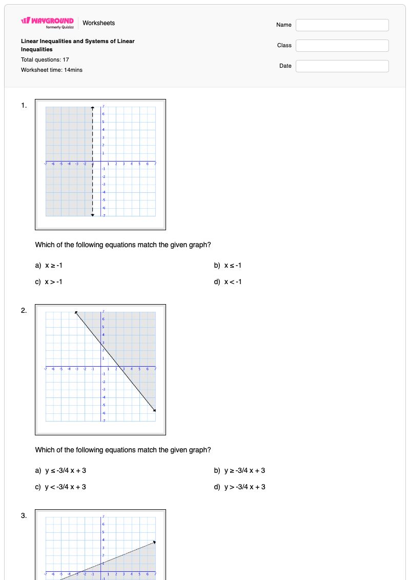 Linear Inequalities and Systems of Linear Inequalities - Printable Inequalities-and-system-of-equations Worksheets - Wayground