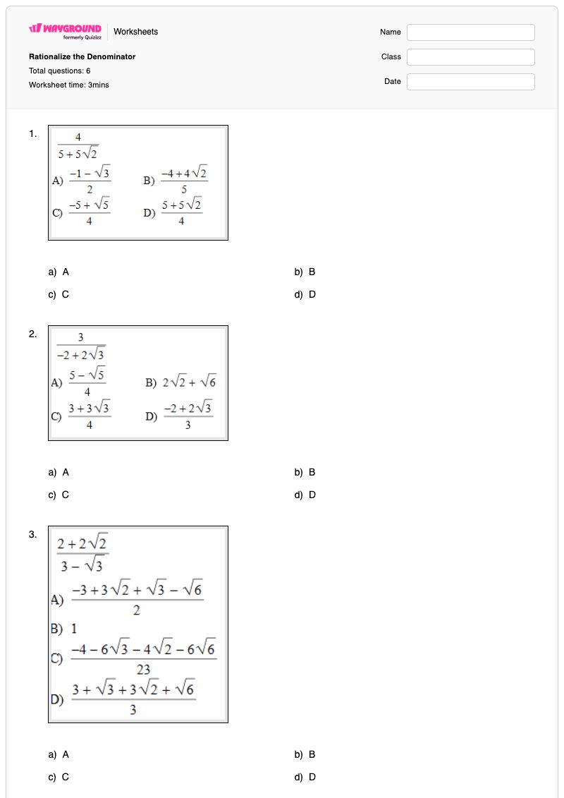 Rationalize the Denominator - Imprimível Racionalização Fichas-de-trabalho Série 11 - Wayground
