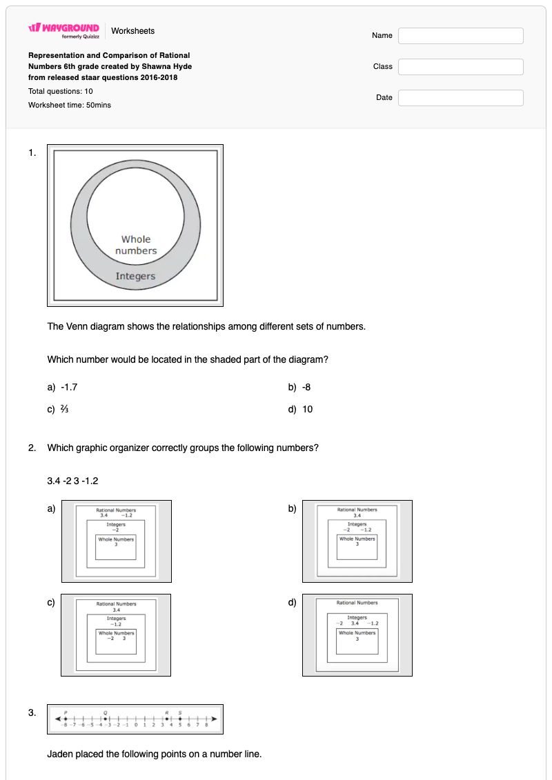 Representation and Comparison of Rational Numbers 6th grade created by Shawna Hyde from released staar questions 2016-2018 - Printable Comparison-of-numbers Worksheets - Wayground