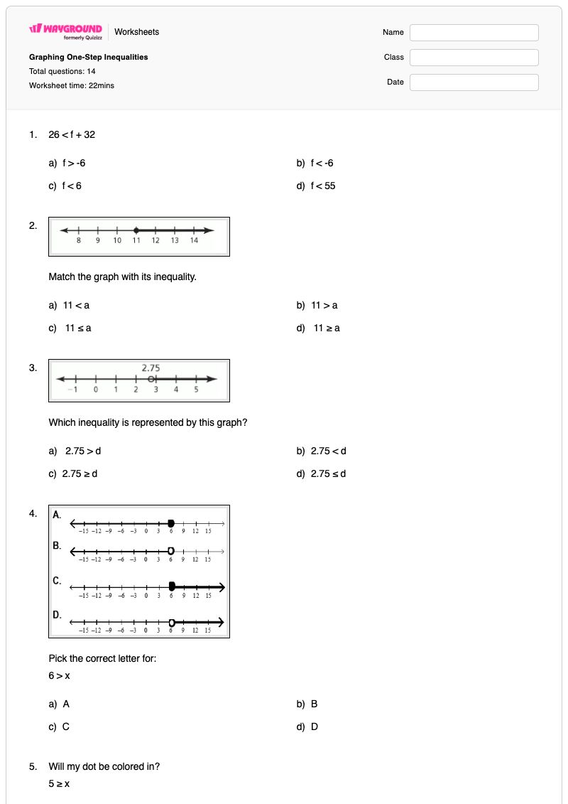 Graphing One-Step Inequalities - Printable One-step-inequalities Worksheets - Wayground