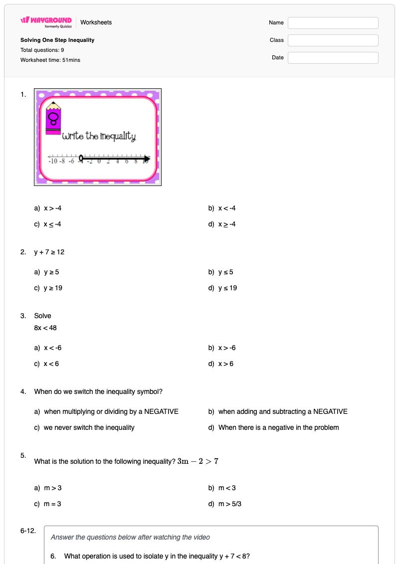 Solving One Step Inequality - Printable One-step-inequalities Worksheets - Wayground