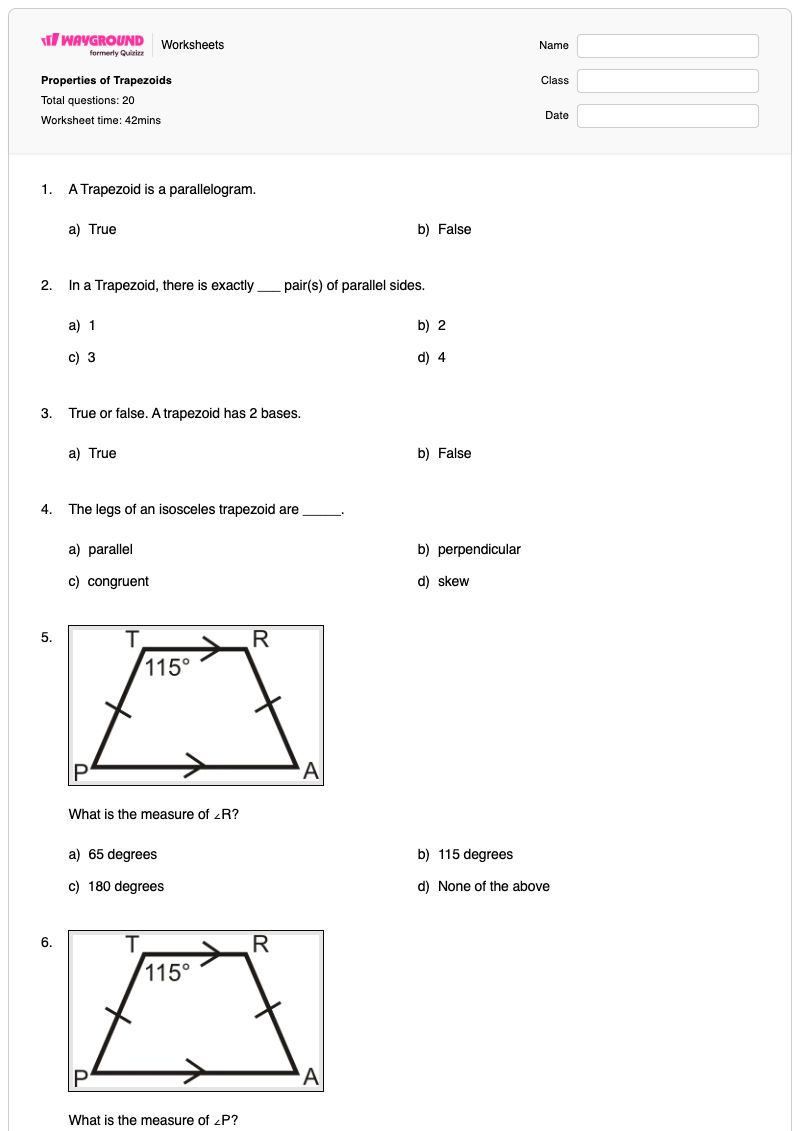 Properties of Trapezoids - พิมพ์ได้ Isosceles-trapezoid เวิร์กชีท - Wayground