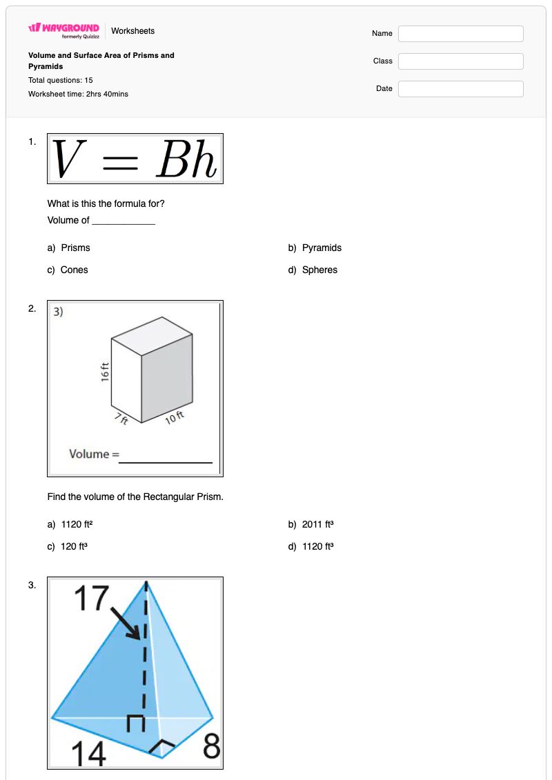 Volume and Surface Area of Prisms and Pyramids - Printable Volume-and-surface-area-of-cones Worksheets - Wayground