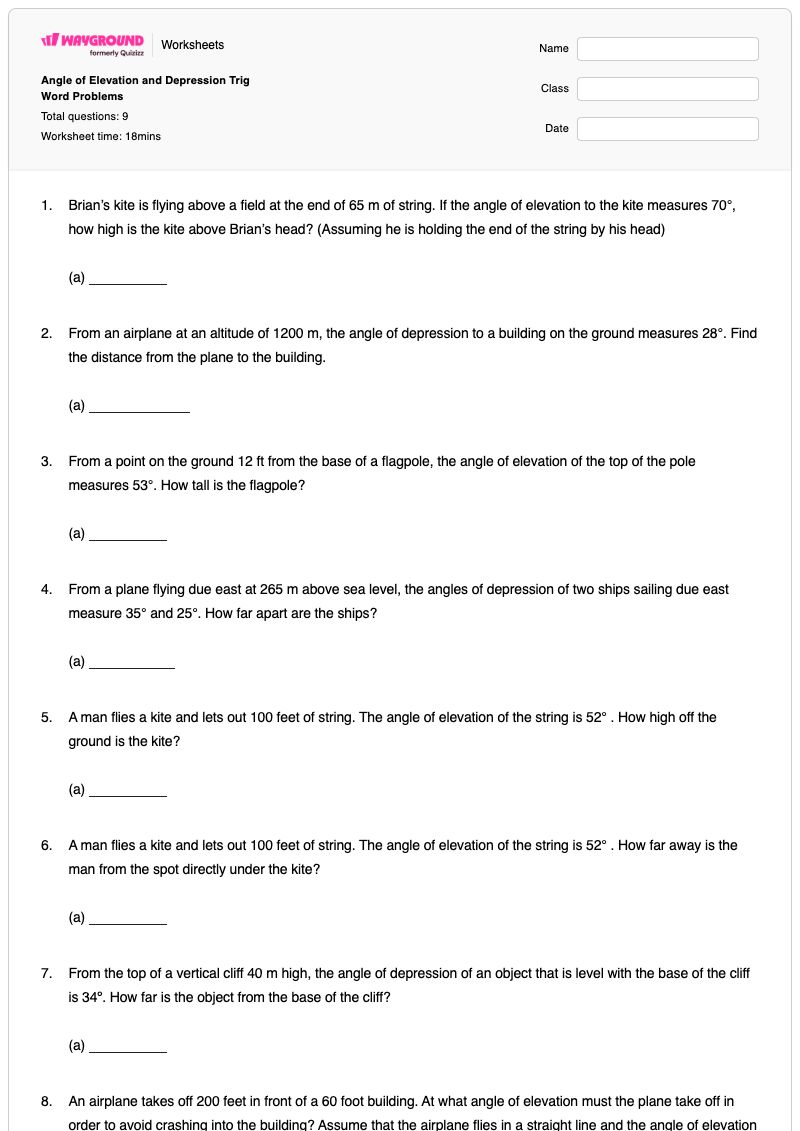 Angle of Elevation and Depression Trig Word Problems - Printable Angle-of-elevation-and-depression Worksheets - Wayground